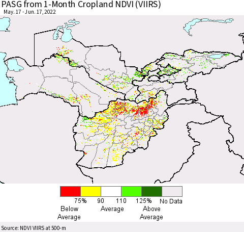 Central Asia PASG from 1-Month Cropland NDVI (VIIRS) Thematic Map For 6/10/2022 - 6/17/2022