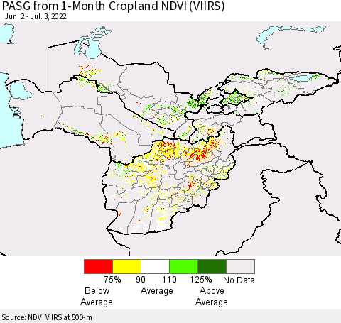 Central Asia PASG from 1-Month Cropland NDVI (VIIRS) Thematic Map For 6/26/2022 - 7/3/2022