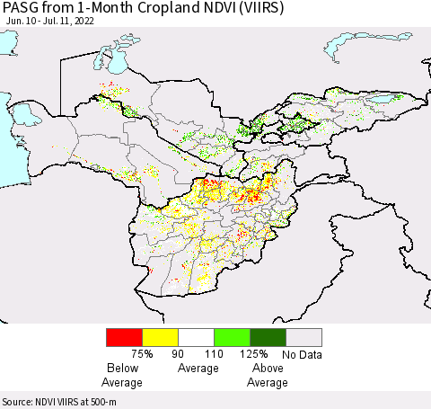 Central Asia PASG from 1-Month Cropland NDVI (VIIRS) Thematic Map For 7/4/2022 - 7/11/2022