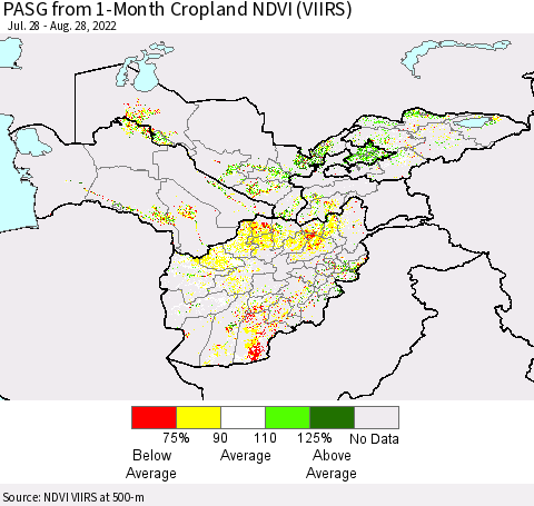 Central Asia PASG from 1-Month Cropland NDVI (VIIRS) Thematic Map For 8/21/2022 - 8/28/2022