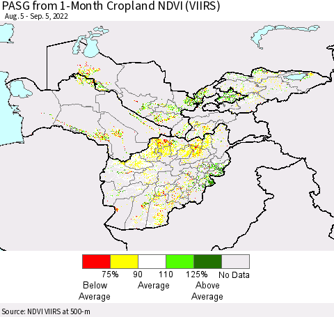 Central Asia PASG from 1-Month Cropland NDVI (VIIRS) Thematic Map For 8/29/2022 - 9/5/2022