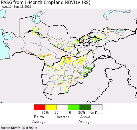 Central Asia PASG from 1-Month Cropland NDVI (VIIRS) Thematic Map For 9/6/2022 - 9/13/2022