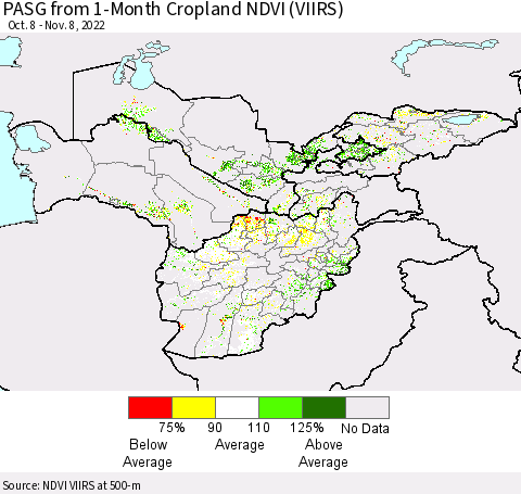 Central Asia PASG from 1-Month Cropland NDVI (VIIRS) Thematic Map For 11/1/2022 - 11/8/2022
