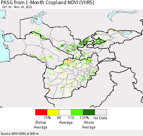 Central Asia PASG from 1-Month Cropland NDVI (VIIRS) Thematic Map For 11/9/2022 - 11/16/2022