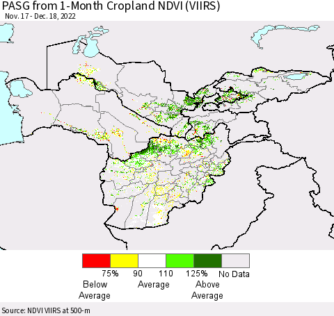 Central Asia PASG from 1-Month Cropland NDVI (VIIRS) Thematic Map For 12/11/2022 - 12/18/2022