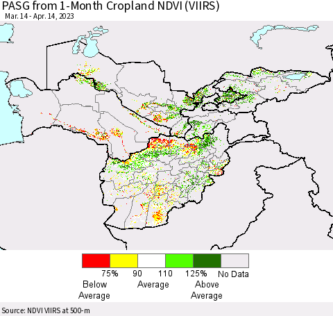 Central Asia PASG from 1-Month Cropland NDVI (VIIRS) Thematic Map For 4/7/2023 - 4/14/2023