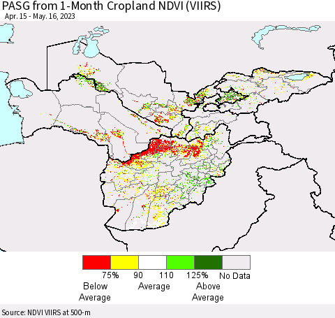 Central Asia PASG from 1-Month Cropland NDVI (VIIRS) Thematic Map For 5/9/2023 - 5/16/2023