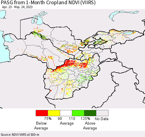 Central Asia PASG from 1-Month Cropland NDVI (VIIRS) Thematic Map For 5/17/2023 - 5/24/2023