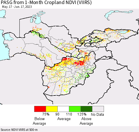 Central Asia PASG from 1-Month Cropland NDVI (VIIRS) Thematic Map For 6/10/2023 - 6/17/2023