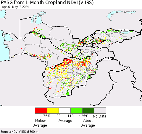 Central Asia PASG from 1-Month Cropland NDVI (VIIRS) Thematic Map For 4/30/2024 - 5/7/2024
