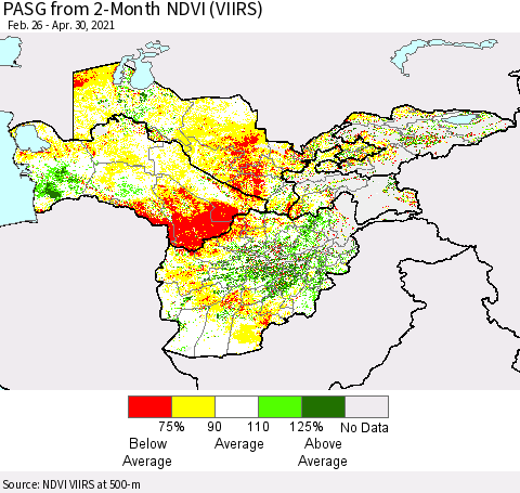 Central Asia PASG from 2-Month NDVI (VIIRS) Thematic Map For 4/23/2021 - 4/30/2021