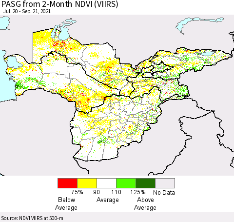 Central Asia PASG from 2-Month NDVI (VIIRS) Thematic Map For 9/14/2021 - 9/21/2021