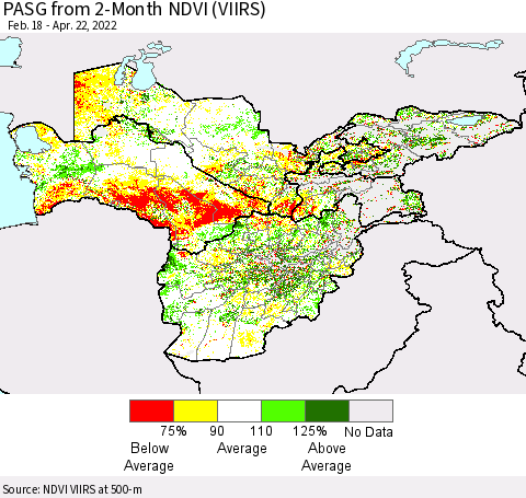 Central Asia PASG from 2-Month NDVI (VIIRS) Thematic Map For 4/15/2022 - 4/22/2022