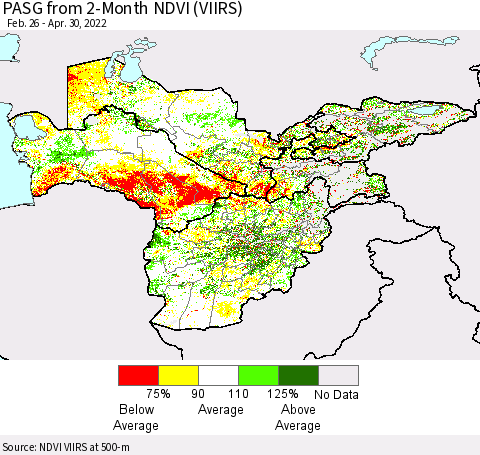 Central Asia PASG from 2-Month NDVI (VIIRS) Thematic Map For 4/23/2022 - 4/30/2022