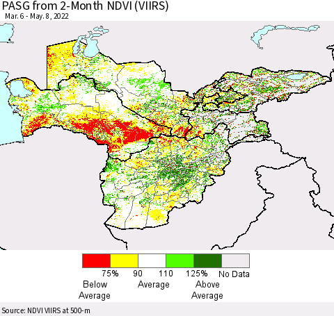 Central Asia PASG from 2-Month NDVI (VIIRS) Thematic Map For 5/1/2022 - 5/8/2022