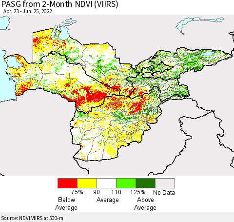 Central Asia PASG from 2-Month NDVI (VIIRS) Thematic Map For 6/18/2022 - 6/25/2022