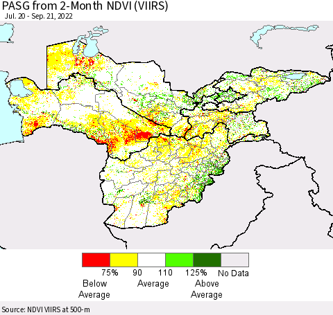 Central Asia PASG from 2-Month NDVI (VIIRS) Thematic Map For 9/14/2022 - 9/21/2022