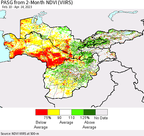 Central Asia PASG from 2-Month NDVI (VIIRS) Thematic Map For 4/7/2023 - 4/14/2023