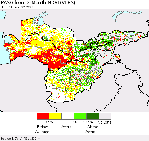 Central Asia PASG from 2-Month NDVI (VIIRS) Thematic Map For 4/15/2023 - 4/22/2023