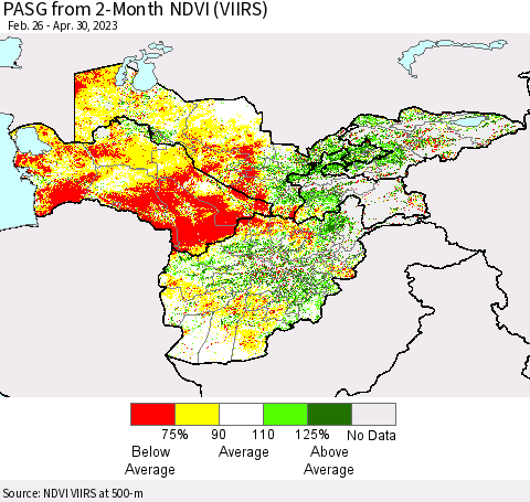 Central Asia PASG from 2-Month NDVI (VIIRS) Thematic Map For 4/23/2023 - 4/30/2023