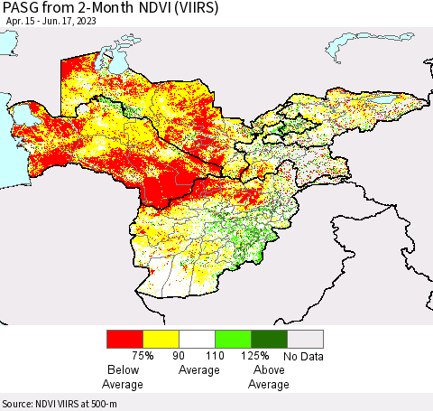 Central Asia PASG from 2-Month NDVI (VIIRS) Thematic Map For 6/10/2023 - 6/17/2023