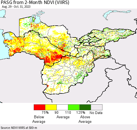 Central Asia PASG from 2-Month NDVI (VIIRS) Thematic Map For 10/24/2023 - 10/31/2023