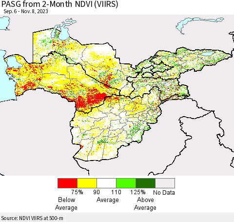 Central Asia PASG from 2-Month NDVI (VIIRS) Thematic Map For 11/1/2023 - 11/8/2023