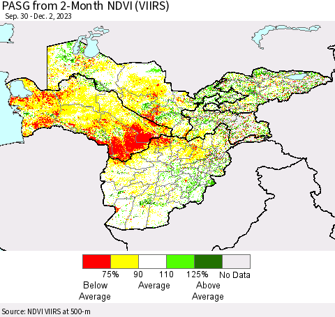 Central Asia PASG from 2-Month NDVI (VIIRS) Thematic Map For 11/25/2023 - 12/2/2023