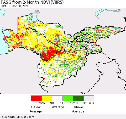 Central Asia PASG from 2-Month NDVI (VIIRS) Thematic Map For 12/11/2023 - 12/18/2023