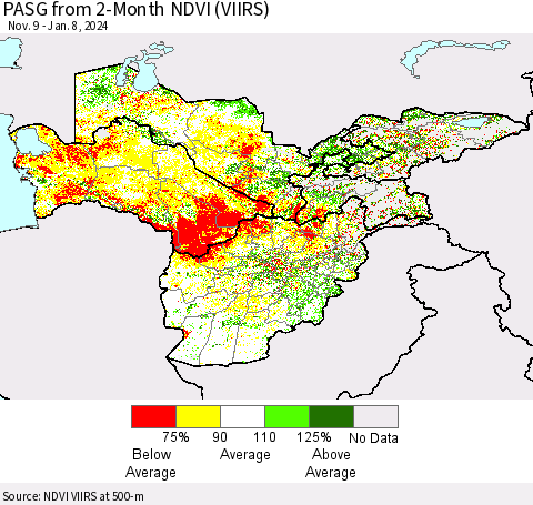 Central Asia PASG from 2-Month NDVI (VIIRS) Thematic Map For 1/1/2024 - 1/8/2024