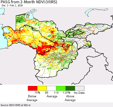 Central Asia PASG from 2-Month NDVI (VIIRS) Thematic Map For 1/25/2024 - 2/1/2024