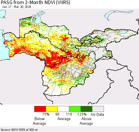 Central Asia PASG from 2-Month NDVI (VIIRS) Thematic Map For 3/13/2024 - 3/20/2024