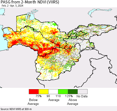 Central Asia PASG from 2-Month NDVI (VIIRS) Thematic Map For 3/29/2024 - 4/5/2024