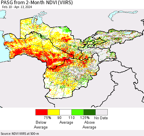 Central Asia PASG from 2-Month NDVI (VIIRS) Thematic Map For 4/6/2024 - 4/13/2024