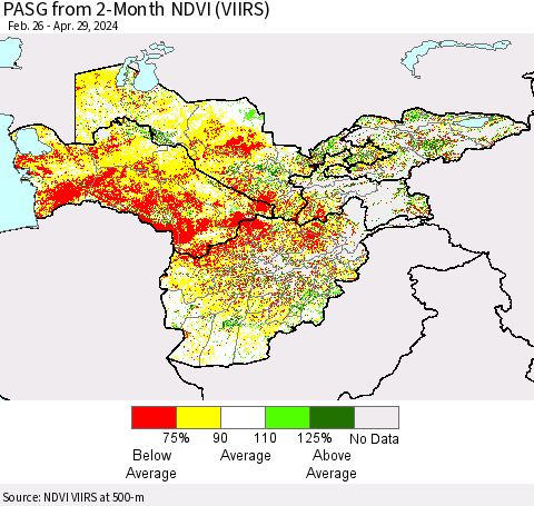 Central Asia PASG from 2-Month NDVI (VIIRS) Thematic Map For 4/22/2024 - 4/29/2024
