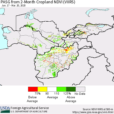 Central Asia PASG from 2-Month Cropland NDVI (VIIRS) Thematic Map For 3/11/2020 - 3/20/2020