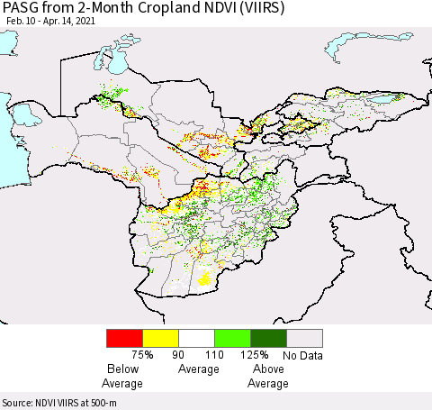 Central Asia PASG from 2-Month Cropland NDVI (VIIRS) Thematic Map For 4/7/2021 - 4/14/2021