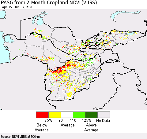 Central Asia PASG from 2-Month Cropland NDVI (VIIRS) Thematic Map For 6/10/2021 - 6/17/2021