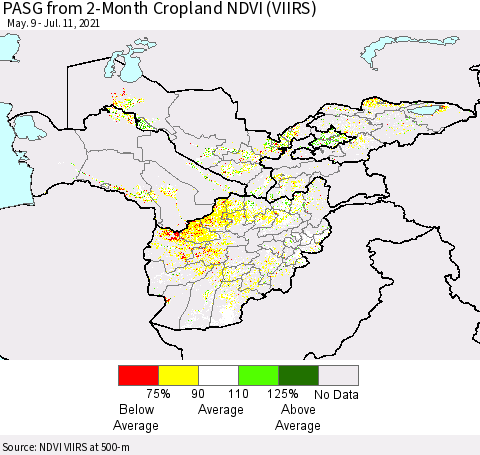 Central Asia PASG from 2-Month Cropland NDVI (VIIRS) Thematic Map For 7/4/2021 - 7/11/2021