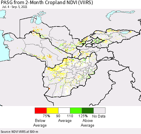 Central Asia PASG from 2-Month Cropland NDVI (VIIRS) Thematic Map For 8/29/2021 - 9/5/2021