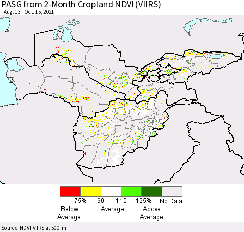 Central Asia PASG from 2-Month Cropland NDVI (VIIRS) Thematic Map For 10/8/2021 - 10/15/2021