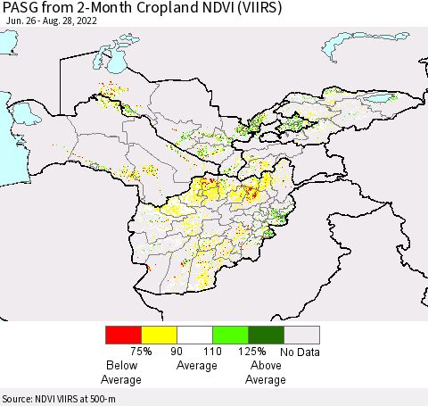 Central Asia PASG from 2-Month Cropland NDVI (VIIRS) Thematic Map For 8/21/2022 - 8/28/2022