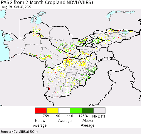 Central Asia PASG from 2-Month Cropland NDVI (VIIRS) Thematic Map For 10/24/2022 - 10/31/2022