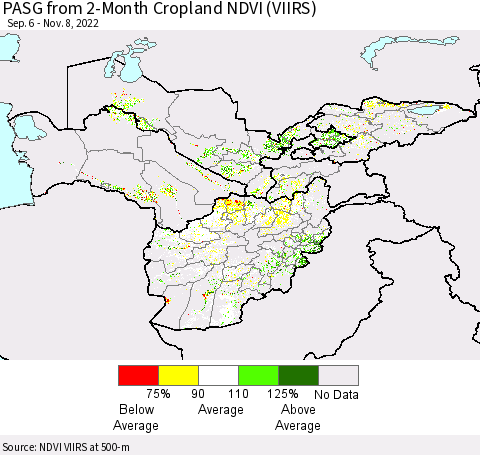Central Asia PASG from 2-Month Cropland NDVI (VIIRS) Thematic Map For 11/1/2022 - 11/8/2022