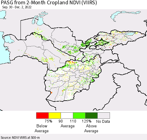 Central Asia PASG from 2-Month Cropland NDVI (VIIRS) Thematic Map For 11/25/2022 - 12/2/2022