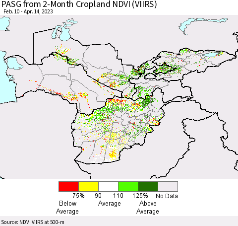 Central Asia PASG from 2-Month Cropland NDVI (VIIRS) Thematic Map For 4/7/2023 - 4/14/2023