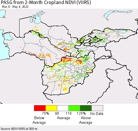 Central Asia PASG from 2-Month Cropland NDVI (VIIRS) Thematic Map For 5/1/2023 - 5/8/2023
