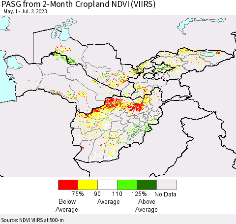Central Asia PASG from 2-Month Cropland NDVI (VIIRS) Thematic Map For 6/26/2023 - 7/3/2023