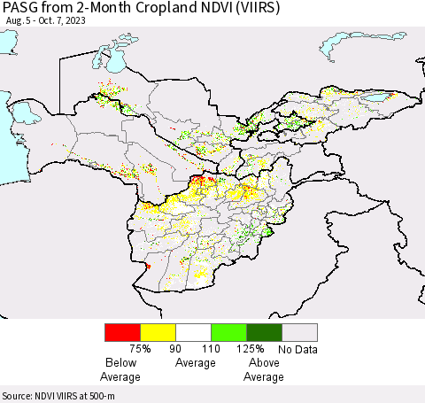 Central Asia PASG from 2-Month Cropland NDVI (VIIRS) Thematic Map For 9/30/2023 - 10/7/2023