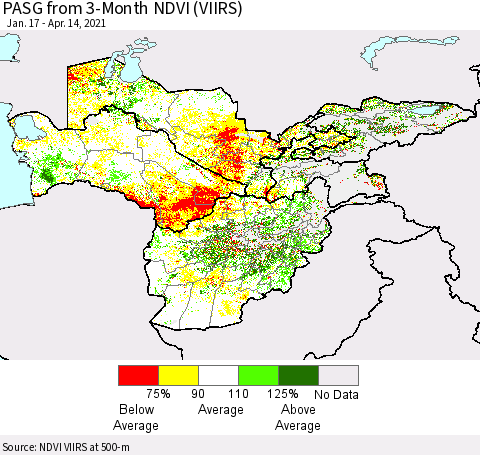 Central Asia PASG from 3-Month NDVI (VIIRS) Thematic Map For 4/7/2021 - 4/14/2021
